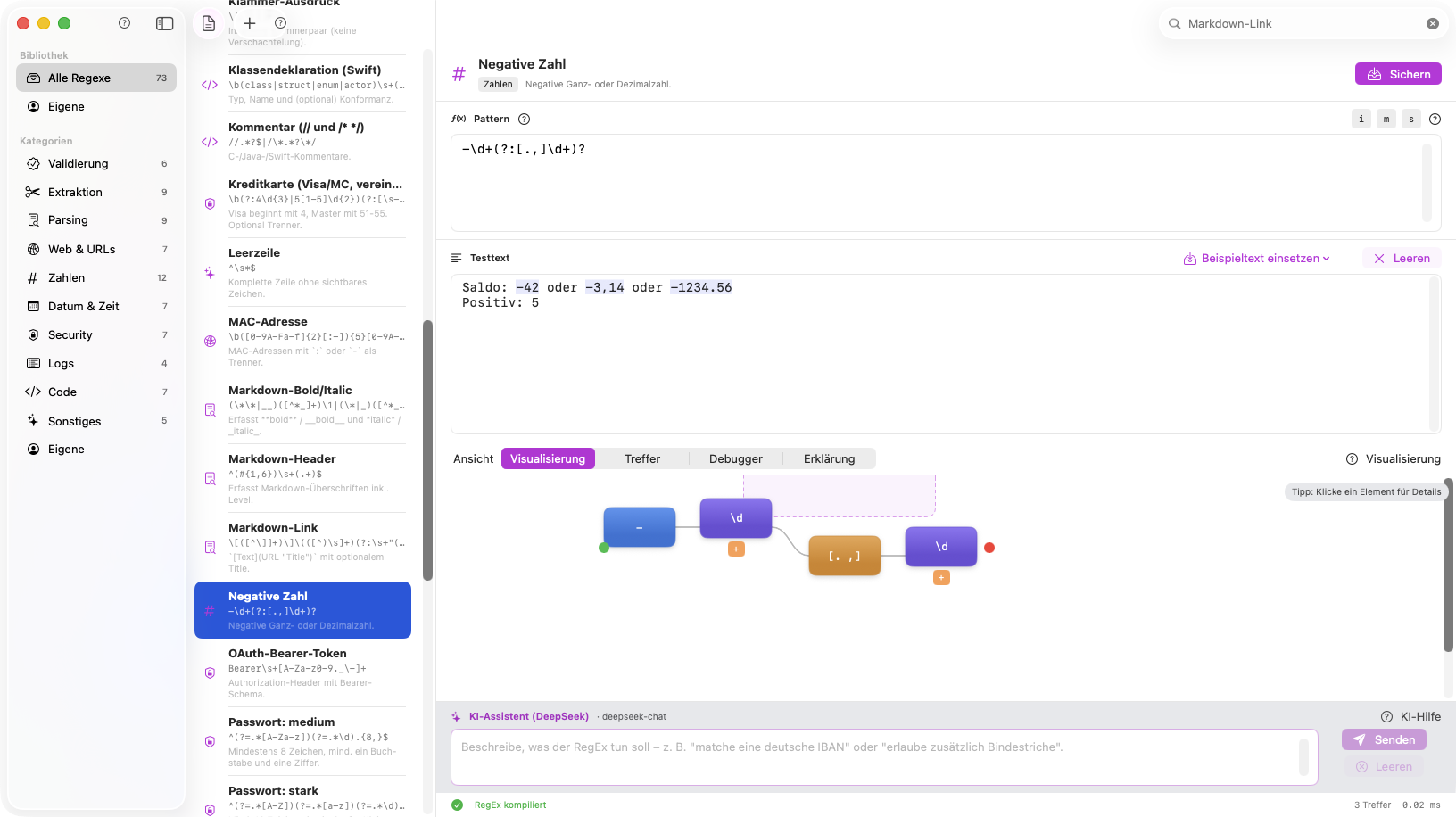 Hauptansicht — Markdown-Link selektiert